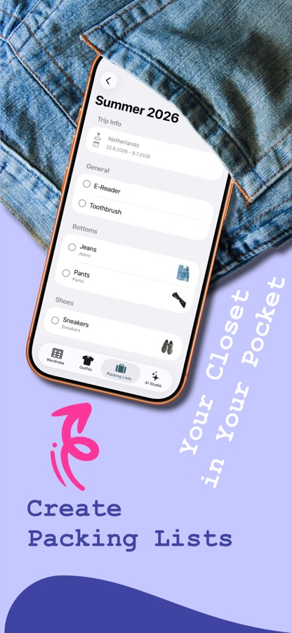 Travel packing list built from your wardrobe in Outfit Checker